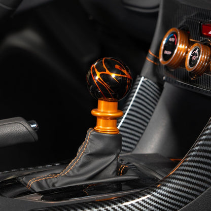 Billetworkz Automatic Shifter - Black w/ Fire Splash - Fits Subaru CVT: WRX (15–21), Crosstrek (13–23), Forester (14–18), Impreza (12–23), Legacy/Outback (10–14) - JDMuscleShift KnobbwzBW-KNB-SUBAU-NO-BLKFS-SP-PU2-WB-BLKSphereBlack AdaptorYes - my car has a shift boot