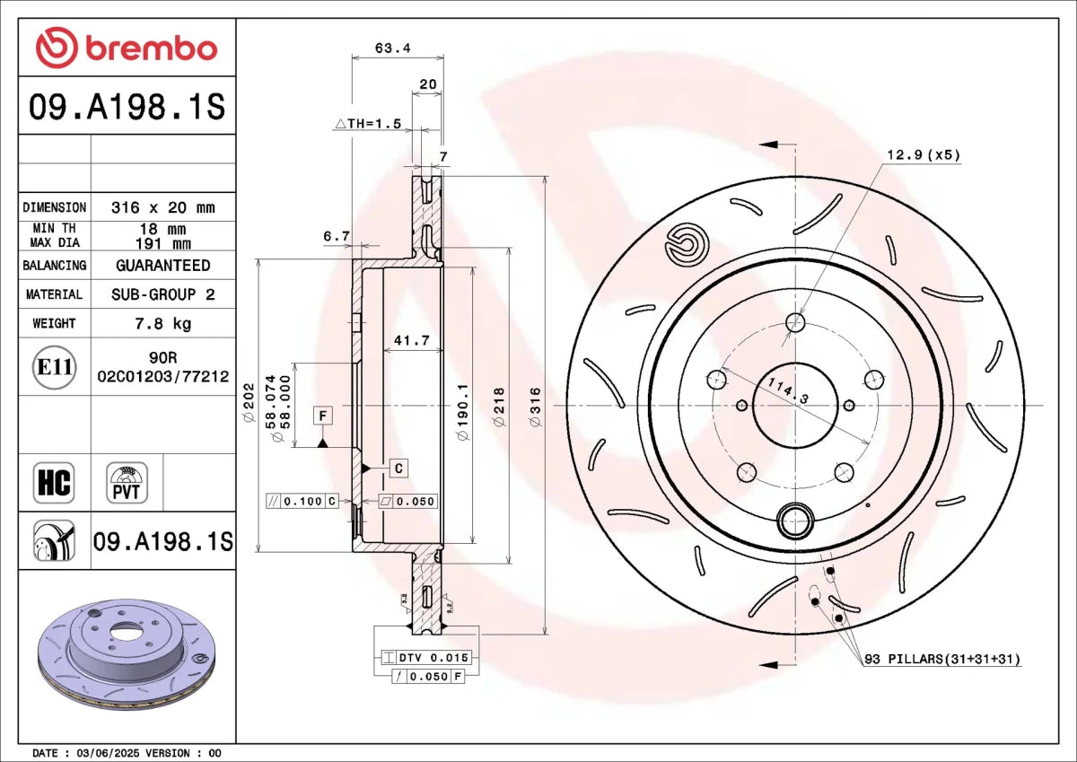 Brembo OE [2008-2014 WRX STI] Rear Sport Brake Disc - 316x20mm - JDMuscleBrake Rotorsbre09.A198.1S