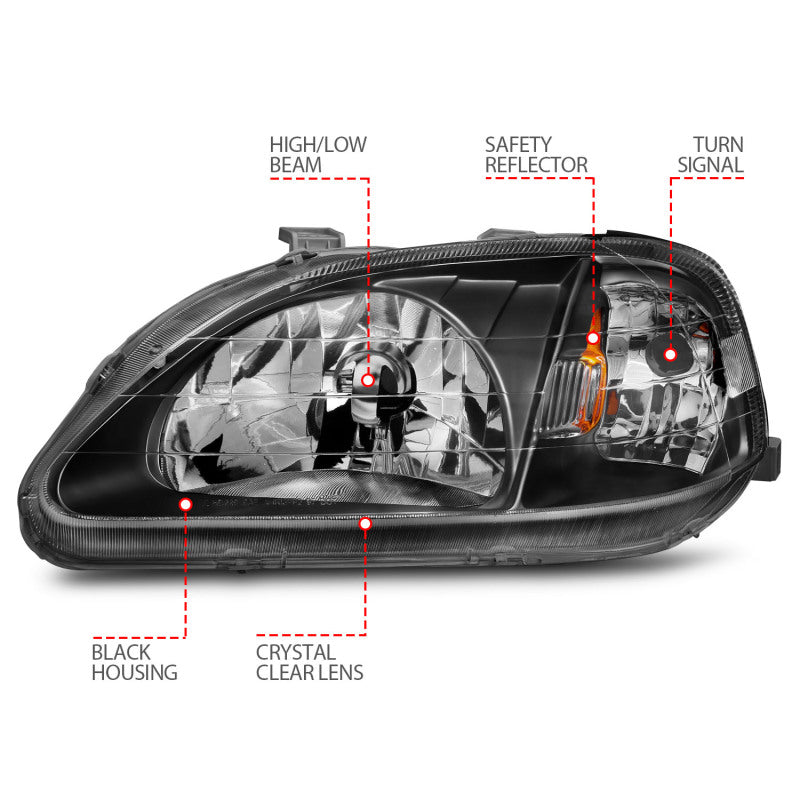 ANZO [99-00 Civic] Crystal Headlight Set - Clear Lens, Black Housing, Pair (121070)