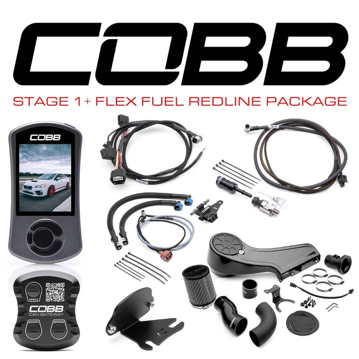 Cobb 15 - 17 Stage 1+ CAN Flex Fuel Redline Carbon Fiber Power Package - JDMuscleTunecobbSUB0040W1P-1FF-RED