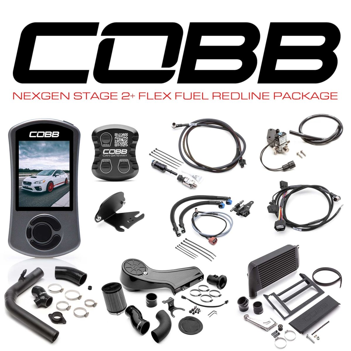 Cobb [15 - 17 WRX] NexGen Stage 2 + CAN Flex Fuel Redline Carbon Fiber Power Package - Black - JDMuscleEngine Package DealscobbSUB004NG2W-BK1FF-RED