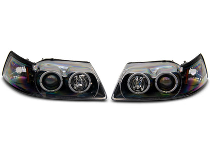 Raxiom 99-04 Ford Mustang Dual LED Halo Projector Headlights- Black Housing | Clear Lens