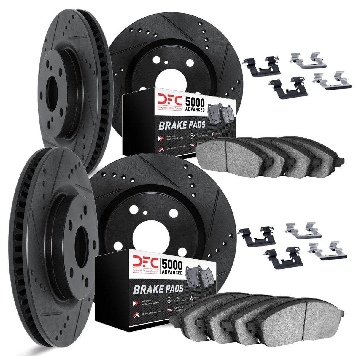 DFC [18-25 WRX STI] Front and Rear Drilled and Slotted Rotors with 5000 Advanced Brake Pads and Hardware - Black Finish - JDMuscleBrake Kitsdfc8514-13057