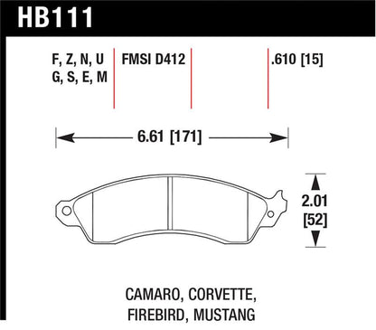 Hawk Performance High Performance Street Ceramic Brake Pads for Chevrolet Corvette, Mustang Cobra, and Camaro – Part Number HawkHB111Z.610 | hawkHB111Z.610 - JDMuscleSPK17821