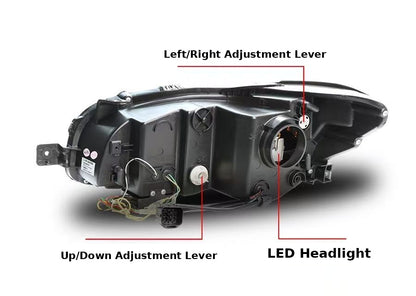 Headlight rear view showing the Left/Right Adjustment Lever, Up/Down Adjustment Lever, and LED Headlight
