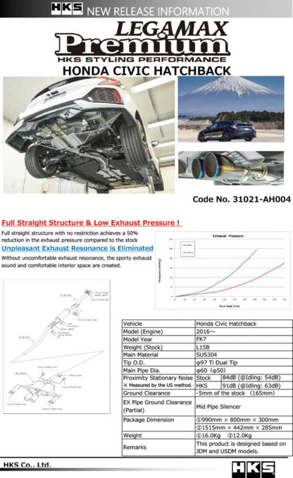 HKS [16-21 Civic Hatchback FK7] LEGAMAX Premium Exhaust - Polished Finish - JDMuscleCat Back Exhaust Systemhks31021-AH004