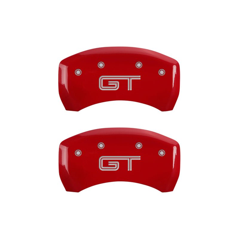 MGP 4 Caliper Covers Engraved Front Mustang Engraved Rear GT Red finish silver ch - JDMuscleShop the look 2mgp10198SMGTRD