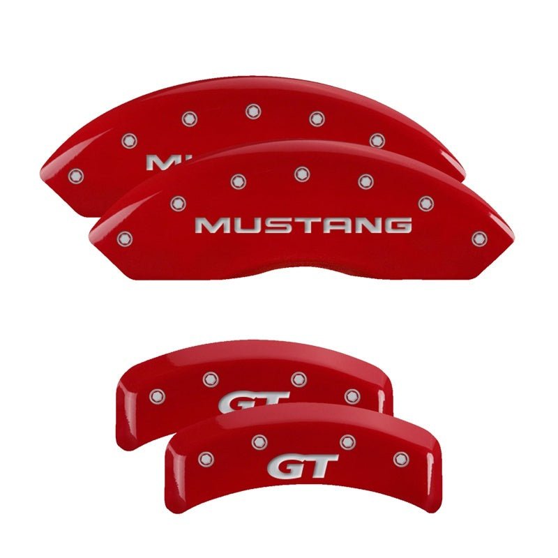 MGP 4 Caliper Covers Engraved Front Mustang Engraved Rear SN95/GT Red finish silver ch - JDMuscleShop the look 2mgp10095SMG1RD
