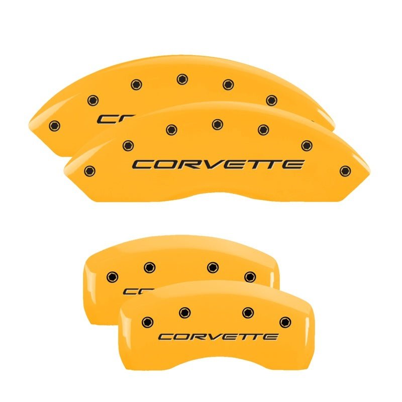 MGP 4 Caliper Covers for Chevrolet Corvette 1997 - 2004 – Engraved Front & Rear with Yellow Finish and Black Characters | mgp13007SCV5YL - JDMuscleSPK84800