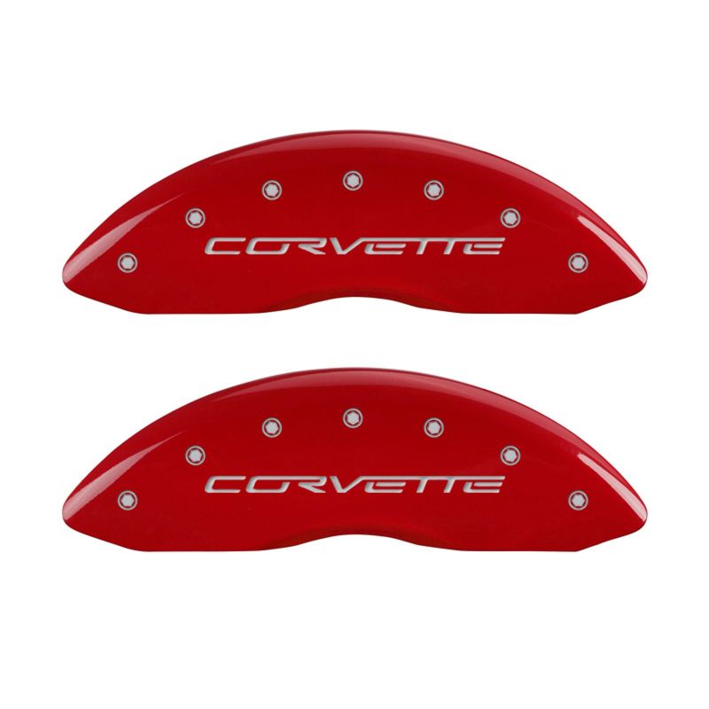 MGP Brake Caliper Covers for Chevrolet Corvette C6 – Red Powder Coat Finish with Silver Engraving | mgp13008SCV6RD - JDMuscleSPK85953