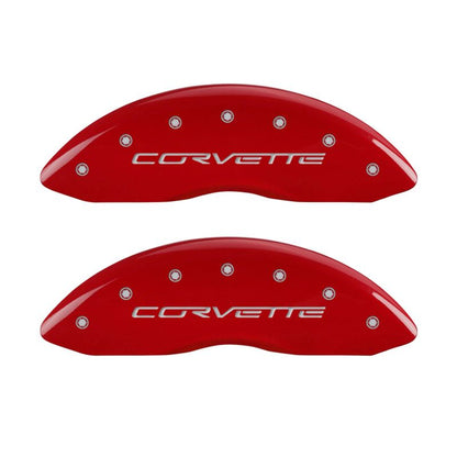 MGP Brake Caliper Covers for Chevrolet Corvette C6 – Red Powder Coat Finish with Silver Engraving | mgp13008SCV6RD - JDMuscleSPK85953