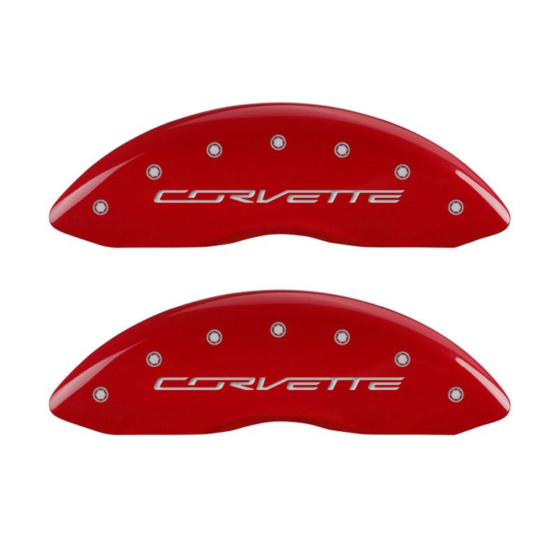 MGP Brake Caliper Covers for Chevrolet Corvette C7 – Red Powder Coat Finish with Silver Engraving | mgp13009SCV7RD - JDMuscleSPK89267