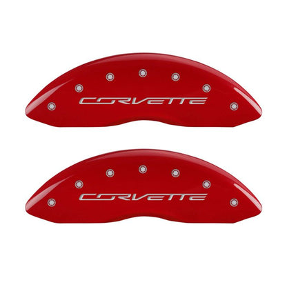 MGP Brake Caliper Covers for Chevrolet Corvette C7 – Red Powder Coat Finish with Silver Engraving | mgp13009SCV7RD - JDMuscleSPK89267