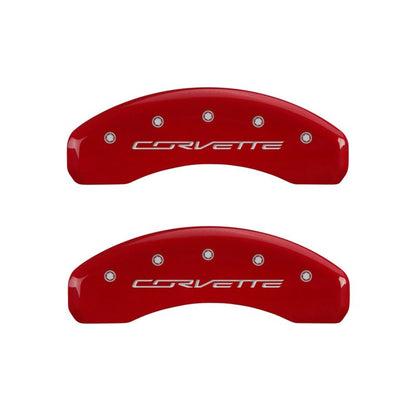 MGP Brake Caliper Covers for Chevrolet Corvette C7 – Red Powder Coat Finish with Silver Engraving | mgp13009SCV7RD - JDMuscleSPK89267
