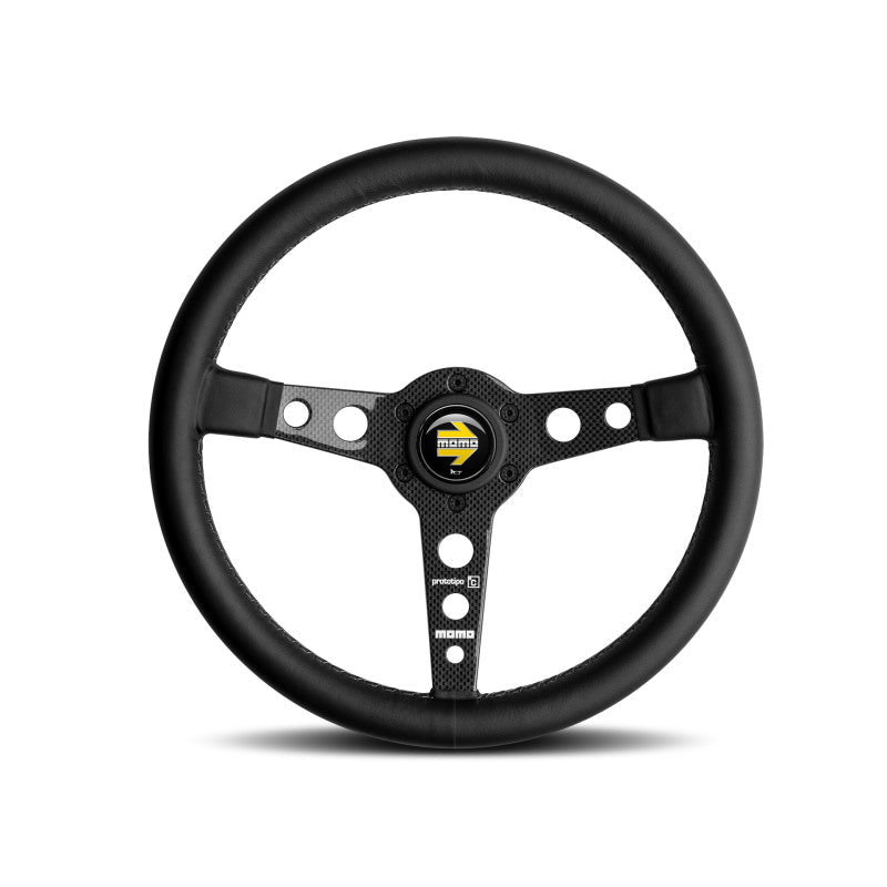 Momo Prototipo 6C Steering Wheel 350 mm - Black Leather/Gry St/Cbn Fbr Spoke - JDMuscleSPKmomPRO35BK1C