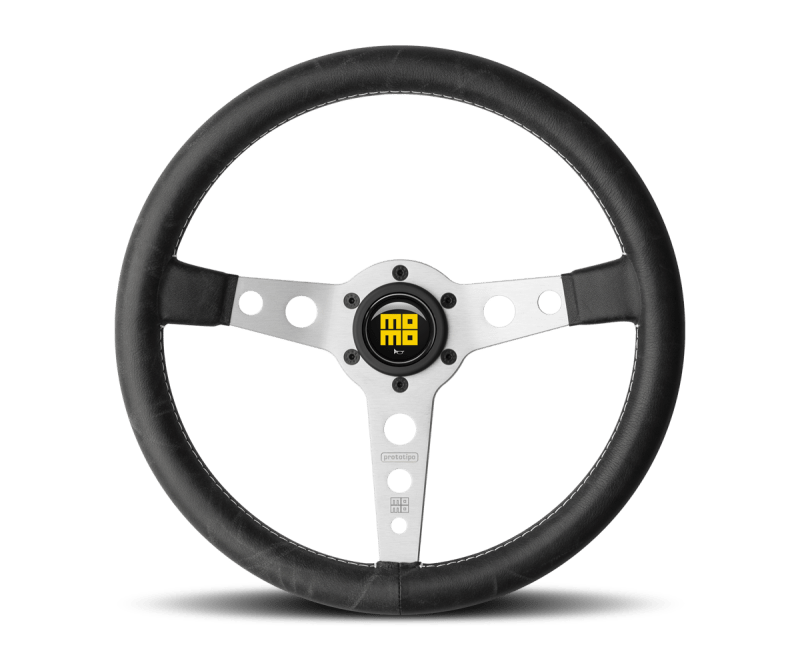 Momo Prototipo Steering Wheel 350 mm - Black Leather/White Stitch/Brshd Spokes - JDMuscleSPKmomPRH35BK0S