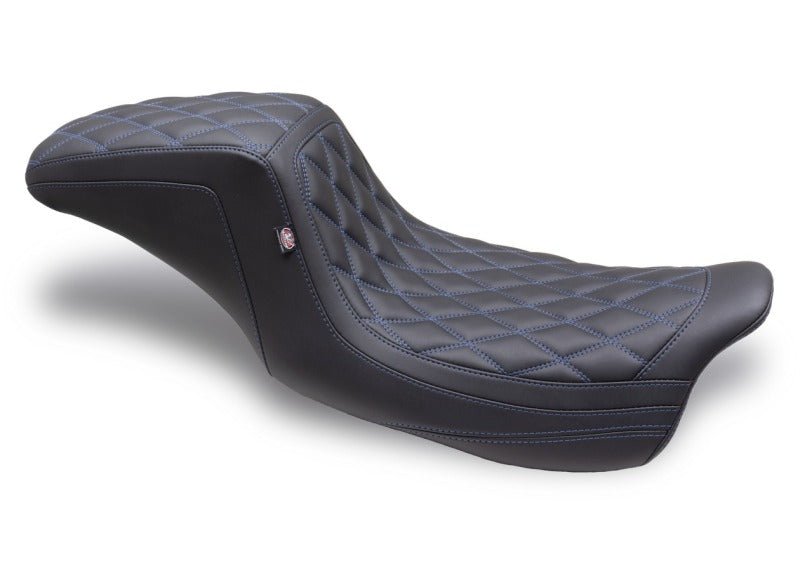 Mustang 08 - 24 HD FL Touring Double Diamond Squareback 1PC Seat - Black w/ Blue Stitching - JDMuscleShop the look 2mmp75299SB