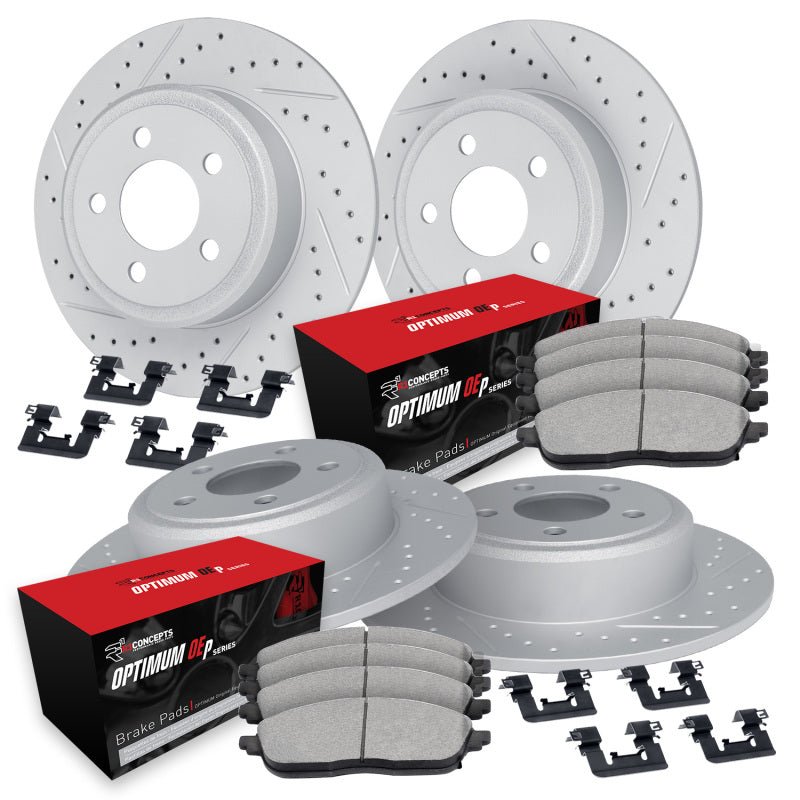 R1 Concepts [13-20 WRX] GEO-Carbon Drilled and Slotted Brake Kit - Carbon-Coated Rotors with Optimum Pads - JDMuscleBrake KitsrncWBUH2-13007