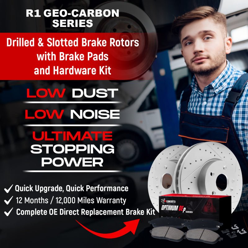 R1 Concepts [13-20 WRX] GEO-Carbon Drilled and Slotted Brake Kit - Carbon-Coated Rotors with Optimum Pads - JDMuscleBrake KitsrncWBUH2-13007