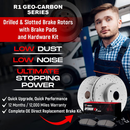 R1 Concepts [13-20 WRX] GEO-Carbon Drilled and Slotted Brake Kit - Carbon-Coated Rotors with Optimum Pads - JDMuscleBrake KitsrncWBUH2-13007
