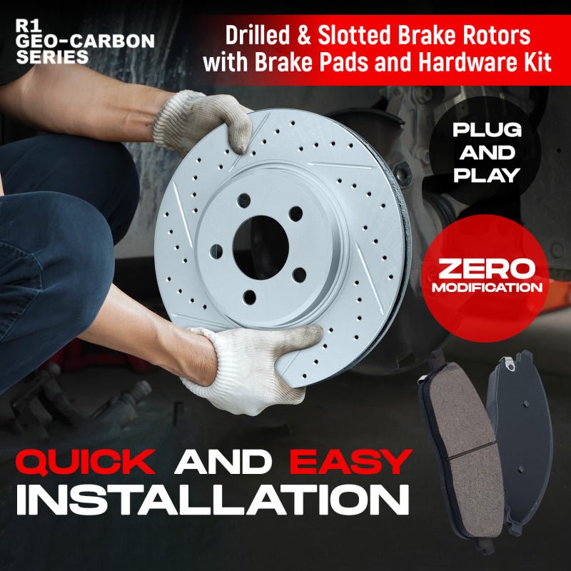 R1 Concepts [13-20 WRX] GEO-Carbon Drilled and Slotted Brake Kit - Carbon-Coated Rotors with Optimum Pads - JDMuscleBrake KitsrncWBUH2-13007