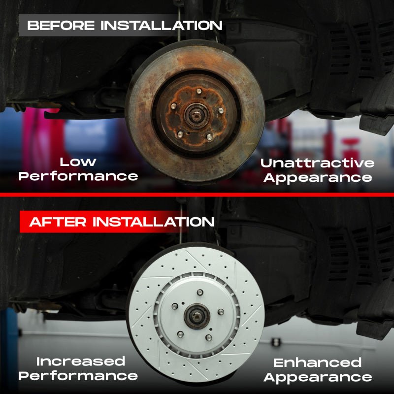 R1 Concepts [13-20 WRX] GEO-Carbon Drilled and Slotted Brake Kit - Carbon-Coated Rotors with Optimum Pads - JDMuscleBrake KitsrncWBUH2-13007