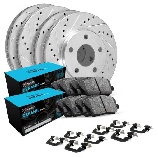 R1 Concepts [15-18 WRX] eLINE Front and Rear Drilled and Slotted Brake Kit - Silver Zinc Finish with Ceramic Pads - JDMuscleBrake KitsrncWGWH2-13036
