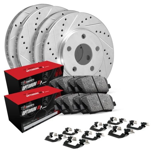 R1 Concepts [15-21 WRX] eLINE Series Drilled and Slotted Front and Rear Brake Kit with OPTIMUM OEp Pads - Silver Zinc - JDMuscleBrake KitsrncWGUH2-13012