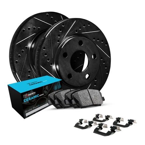 R1 Concepts [18-21 WRX STI] eLINE Rear Drilled and Slotted Brake Kit - Black Zinc Finish with Ceramic Pads - JDMuscleBrake KitsrncWHWH1-13056