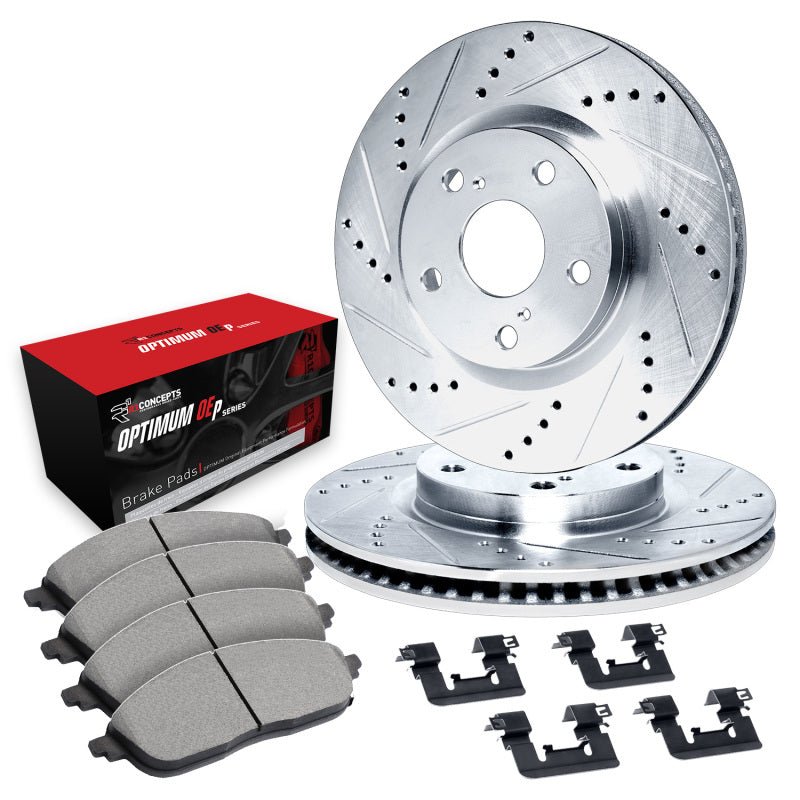 R1 Concepts [18-21 WRX STI] eLINE Series Drilled and Slotted Front Brake Kit with OPTIMUM OEp Pads - Silver Zinc - JDMuscleBrake KitsrncWGUH1-13220
