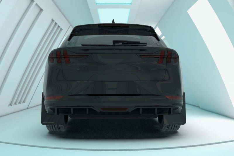Rally Armor 21 - 25 Ford Mustang Mach - E/GT/Rally Black UR Mud Flap w/Light Blue Logo - JDMuscleShop the look 2ralMF96-UR-BLK-NB