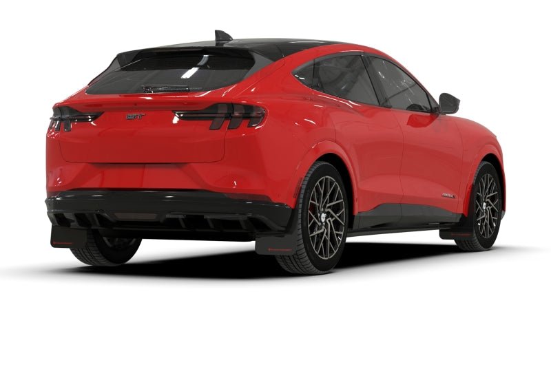 Rally Armor 21 - 25 Ford Mustang Mach - E/GT/Rally Black UR Mud Flap w/Light Blue Logo - JDMuscleShop the look 2ralMF96-UR-BLK-NB