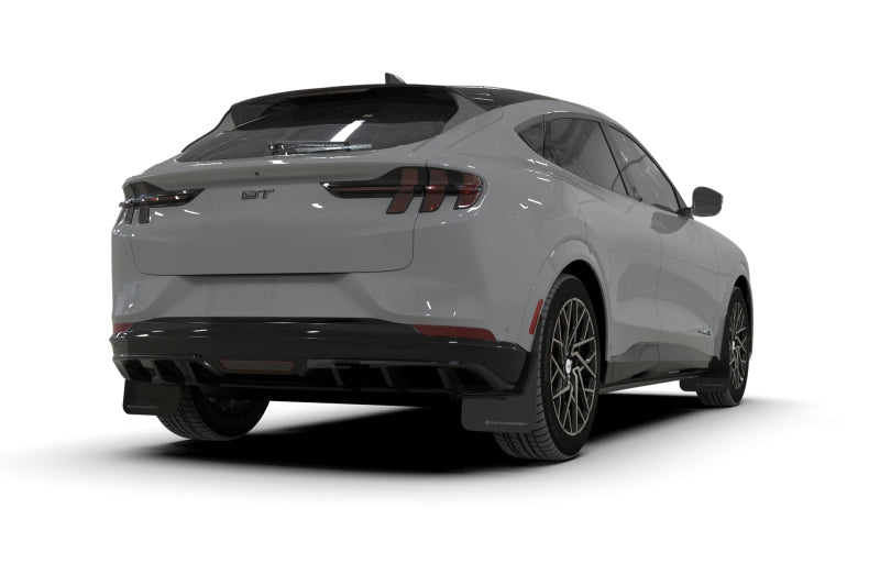 Rally Armor 21 - 25 Ford Mustang Mach - E/GT/Rally Black UR Mud Flap w/Light Blue Logo - JDMuscleShop the look 2ralMF96-UR-BLK-NB