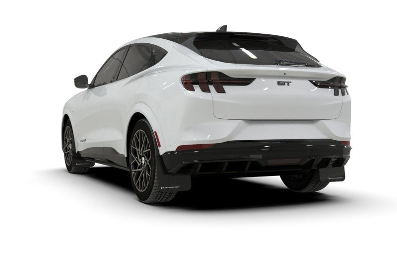 Rally Armor 21 - 25 Ford Mustang Mach - E/GT/Rally Black UR Mud Flap w/Light Blue Logo - JDMuscleShop the look 2ralMF96-UR-BLK-NB