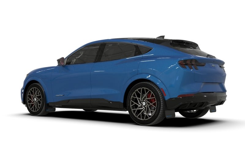 Rally Armor 21 - 25 Ford Mustang Mach - E/GT/Rally Black UR Mud Flap w/Light Blue Logo - JDMuscleShop the look 2ralMF96-UR-BLK-NB