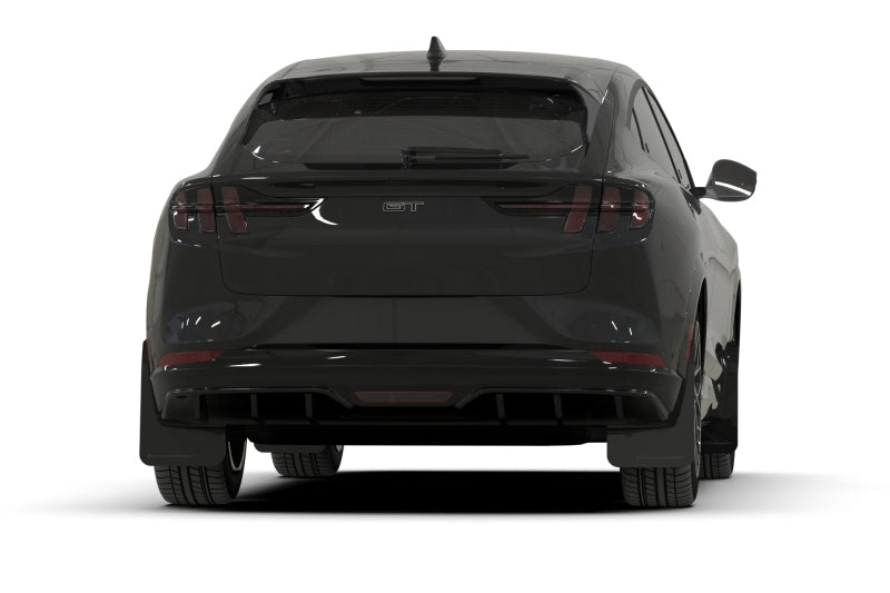 Rally Armor 21 - 25 Ford Mustang Mach - E/GT/Rally Black UR Mud Flap w/Metallic Black Logo - JDMuscleShop the look 2ralMF96-UR-BLK-MBK