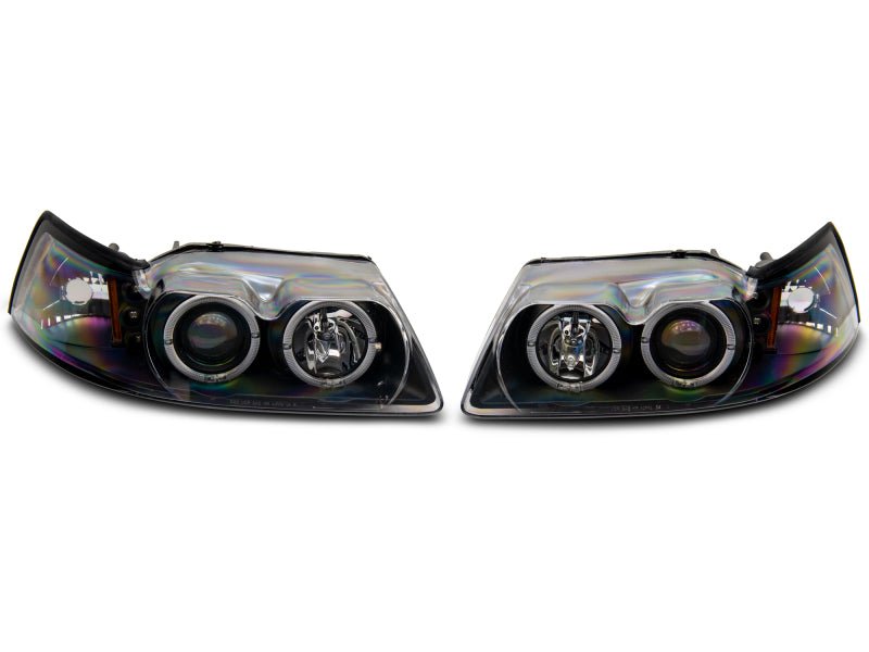 Raxiom 99 - 04 Ford Mustang Dual LED Halo Projector Headlights - Black Housing | Clear Lens - JDMuscleShop the look 2rax101684