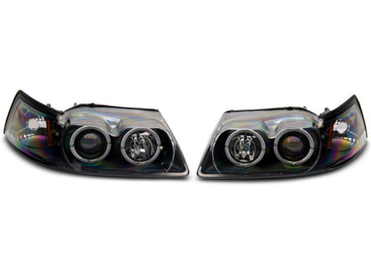 Raxiom 99 - 04 Ford Mustang Dual LED Halo Projector Headlights - Black Housing | Clear Lens - JDMuscleShop the look 2rax101684