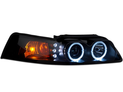 Raxiom 99 - 04 Ford Mustang Dual LED Halo Projector Headlights - Black Housing | Smoked Lens - JDMuscleShop the look 2rax49113
