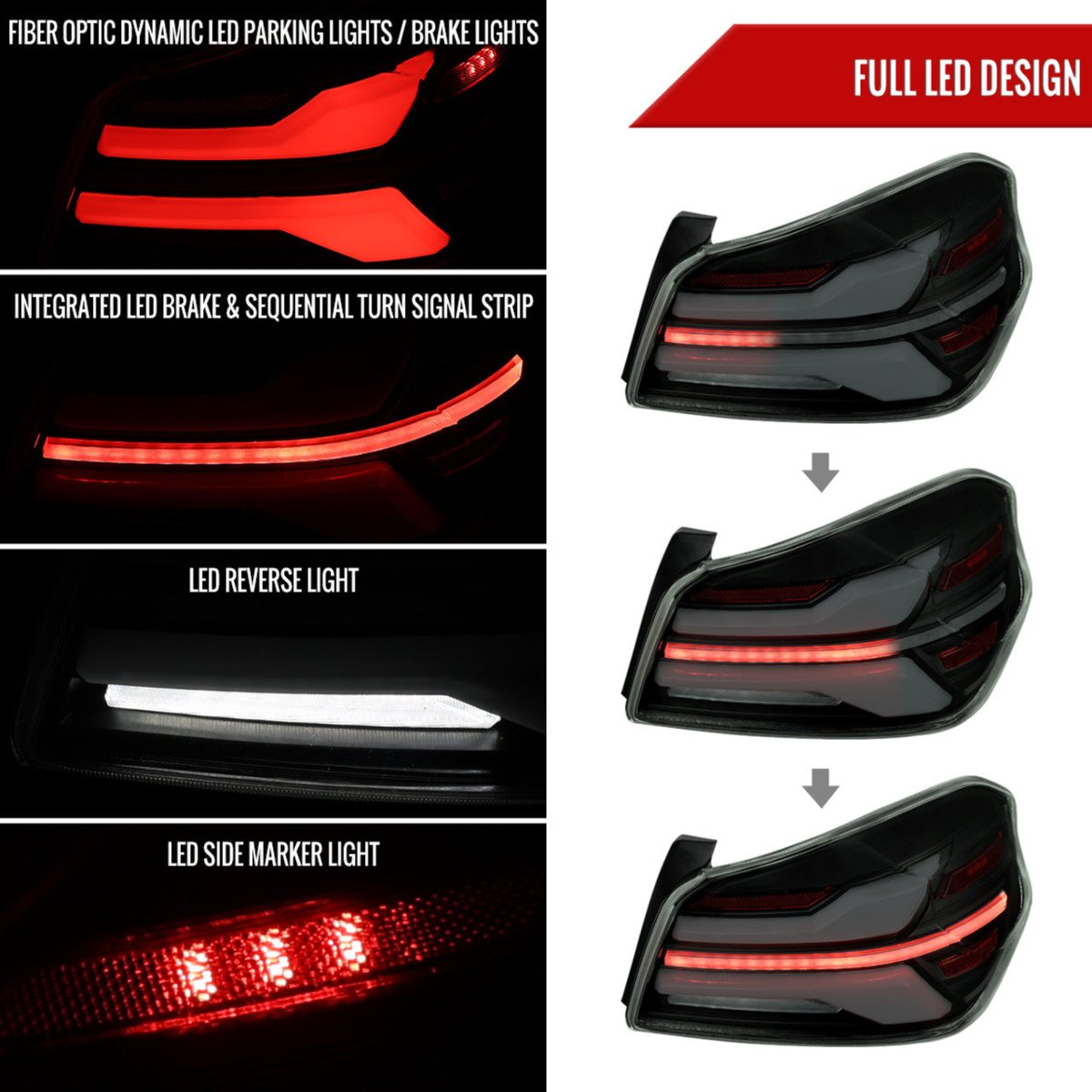Spec - D [15 - 21 WRX/STI] Tail Light w/ Sequential LED Turn Signal and LED Side Marker Brake Reverse - JDMuscleTail LightsSCDLT-WRX15JMLED-SQ-RSMatte Black Housing / Clear Lens / White Light Bar