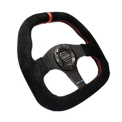 NRG Carbon Fiber Steering Wheel | 320mm Flat Btm. Blk Suede/Red Stitch w/CF Spokes & Red Center Mark - JDMuscleSteering Wheels171420
