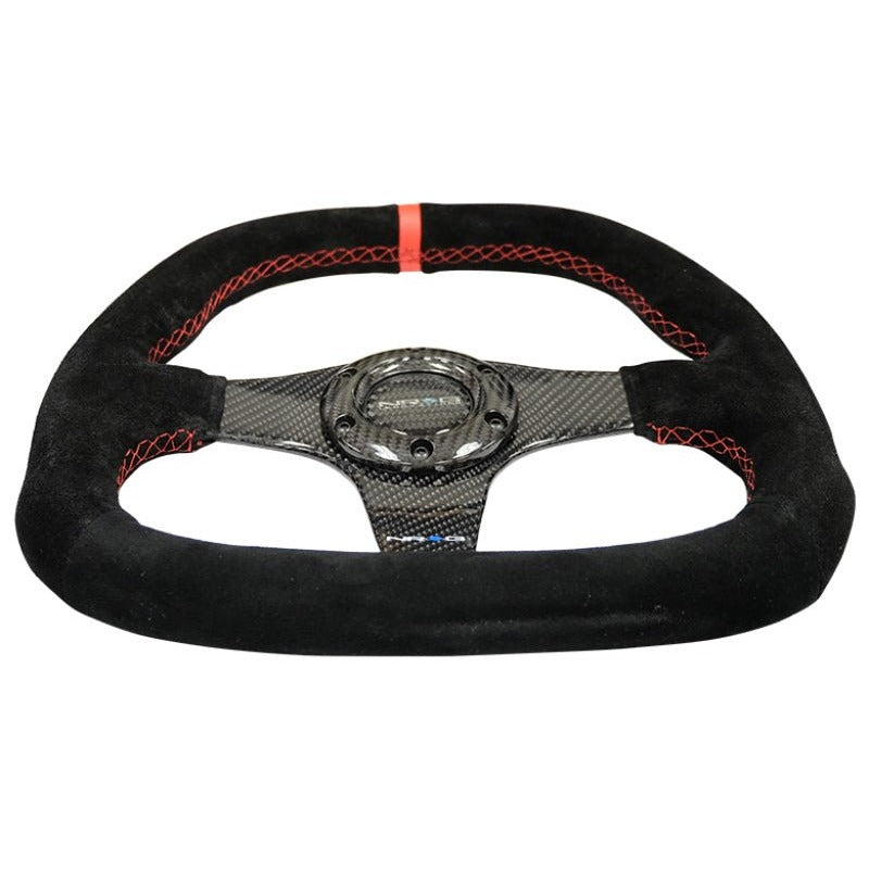 NRG Carbon Fiber Steering Wheel | 320mm Flat Btm. Blk Suede/Red Stitch w/CF Spokes & Red Center Mark - JDMuscleSteering Wheels171420
