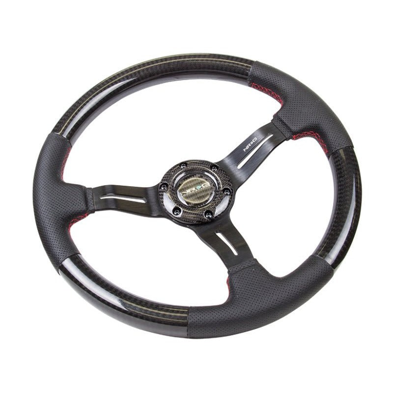 NRG Carbon Fiber Steering Wheel | 350mm /1.5in. Deep Leather Trim w/Red Stitch & Slit Cutout Spokes - JDMuscleSteering Wheel Components171421