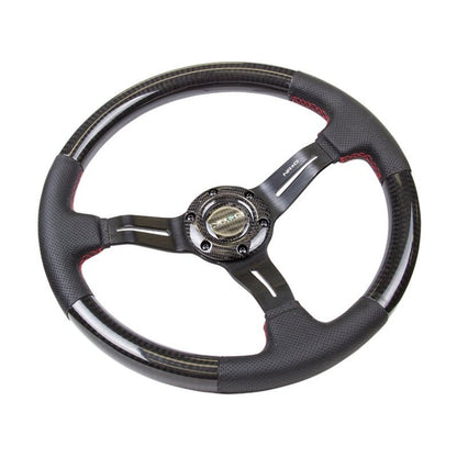 NRG Carbon Fiber Steering Wheel | 350mm /1.5in. Deep Leather Trim w/Red Stitch & Slit Cutout Spokes - JDMuscleSteering Wheel Components171421