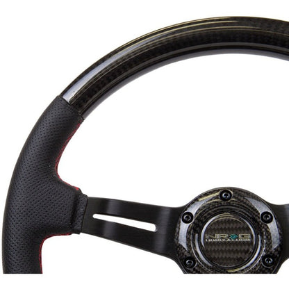 NRG Carbon Fiber Steering Wheel | 350mm /1.5in. Deep Leather Trim w/Red Stitch & Slit Cutout Spokes - JDMuscleSteering Wheel Components171421