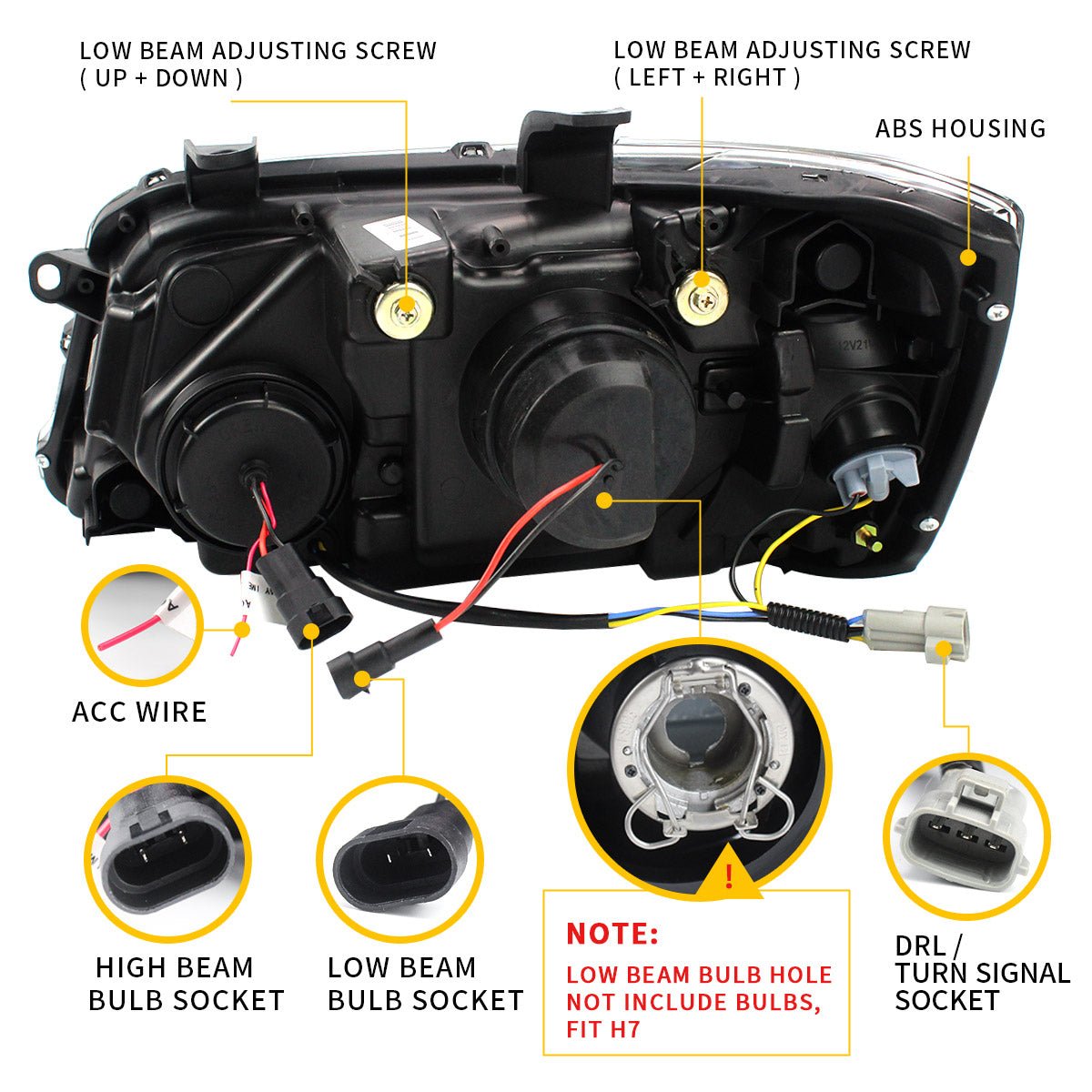 VLAND 01 - 07 Highlander 1st Gen XU20 | Fit For US Models LED Projector Headlights - JDMuscleHeadlightYAA-HLD-0264RHD-P01RHDDual Beam Black Housing