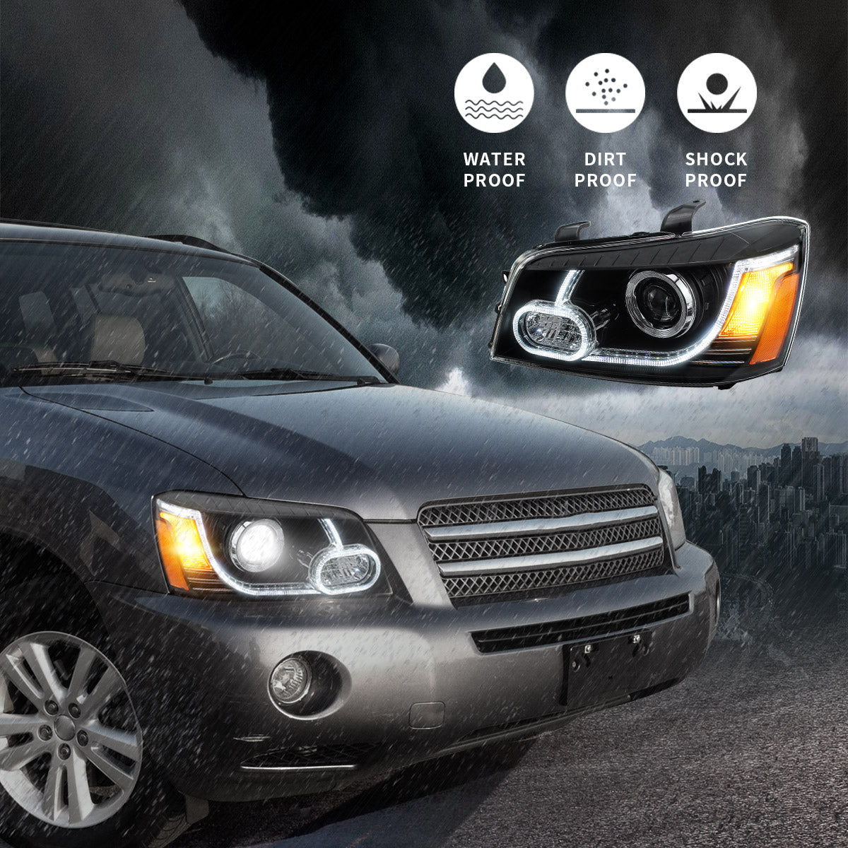 VLAND 01 - 07 Highlander 1st Gen XU20 | Fit For US Models LED Projector Headlights - JDMuscleHeadlightYAA-HLD-0264RHD-P01RHDDual Beam Black Housing