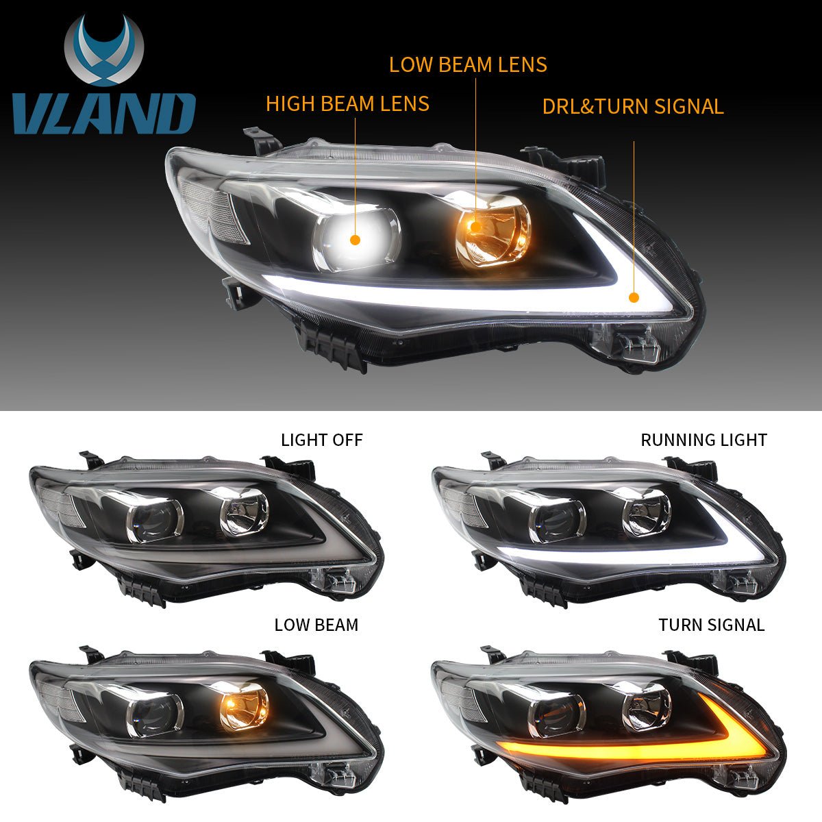 VLAND 11 - 13 Corolla LED Headlights | Bulbs are not included - JDMuscleHeadlightYAA-KLL-0174BR-LHD-P01LHDRegular Housing