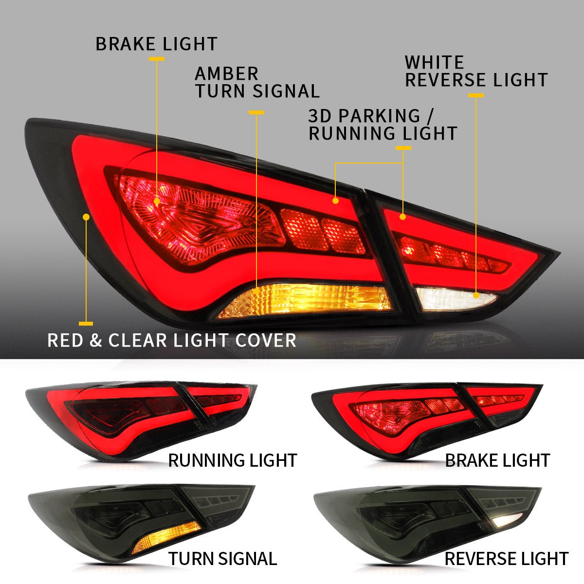 VLAND 11 - 14 Sonata 6th Gen Sedan Full LED Tail Lights - JDMuscleTaillightYAB-SNT-0209ARS-P01Red Smoked