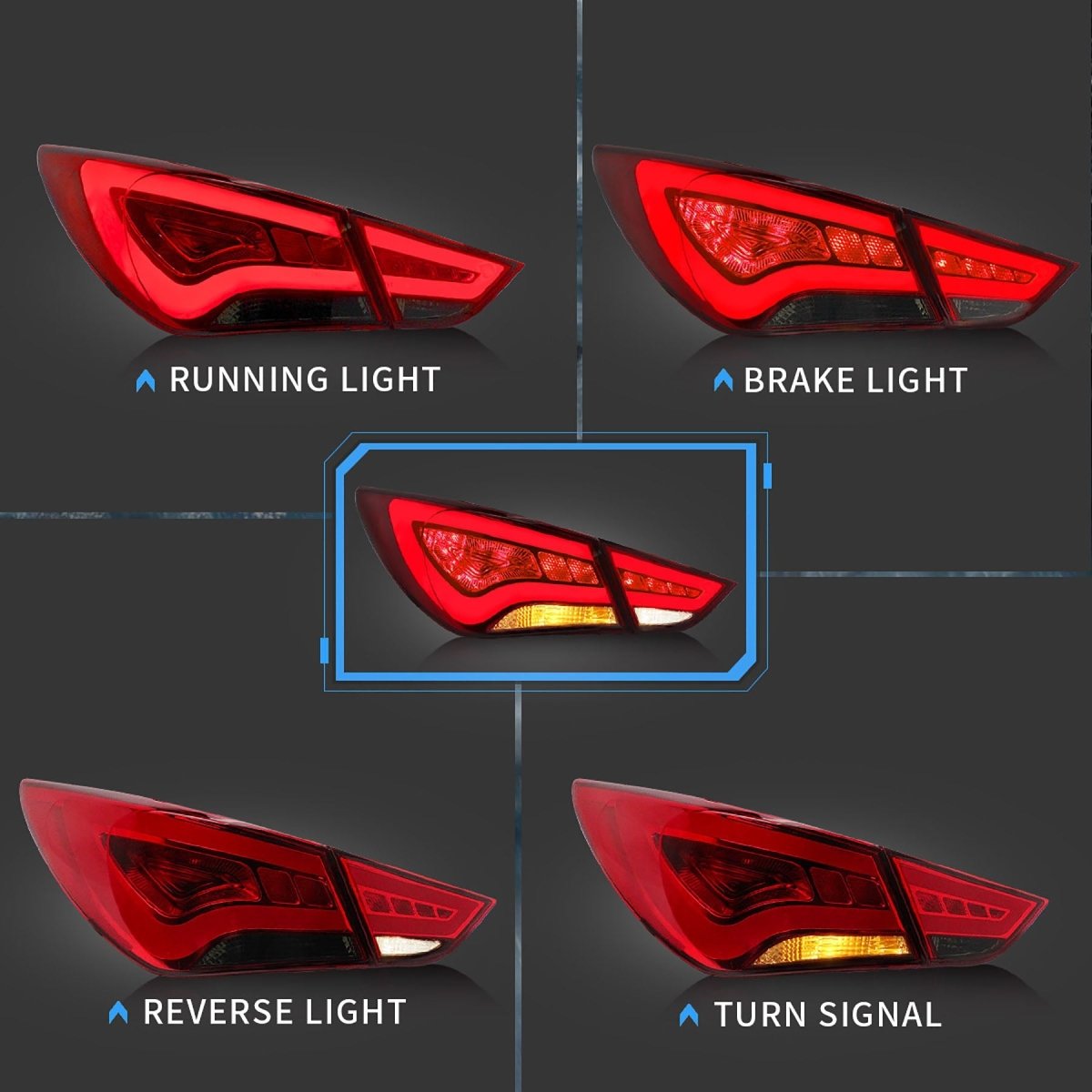 VLAND 11 - 14 Sonata 6th Gen Sedan Full LED Tail Lights - JDMuscleTaillightYAB-SNT-0209ARS-P01Red Smoked